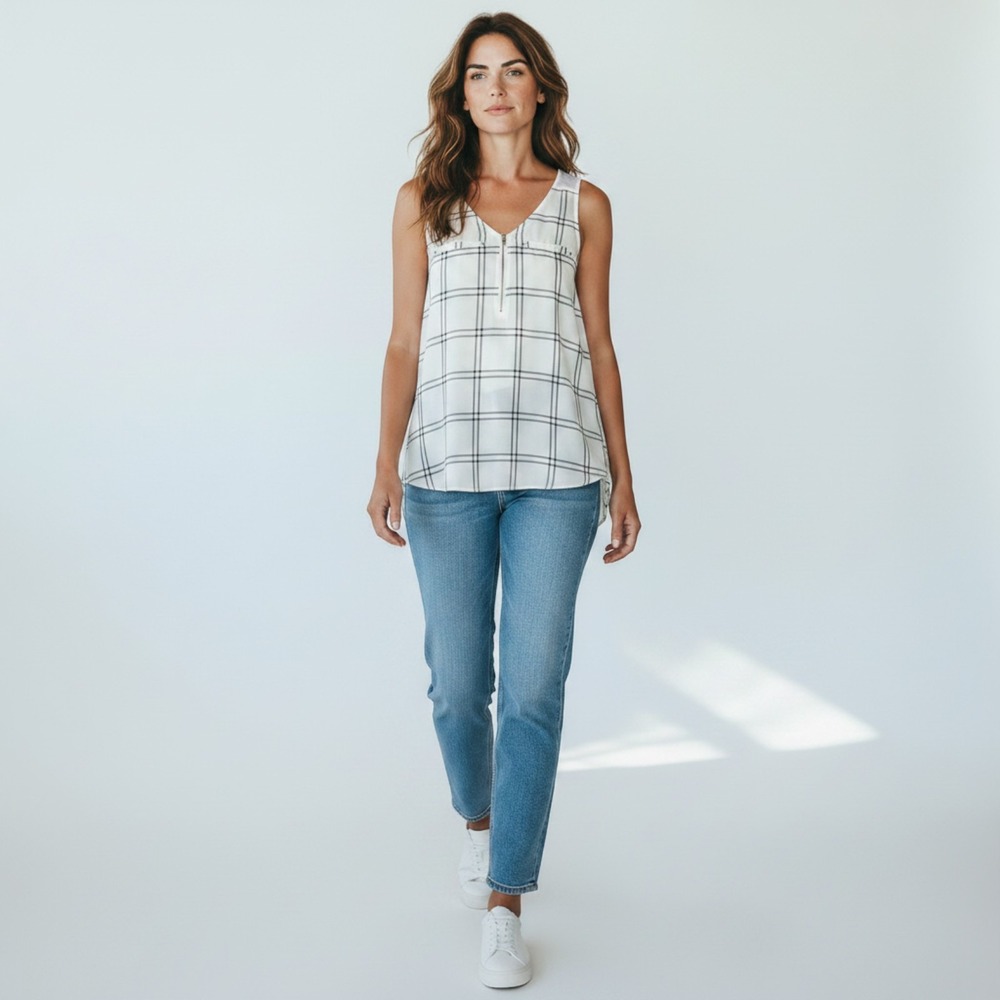IZ Byer Tank Top Blouse Womens S White Black Plaid Minimalist Business Casual